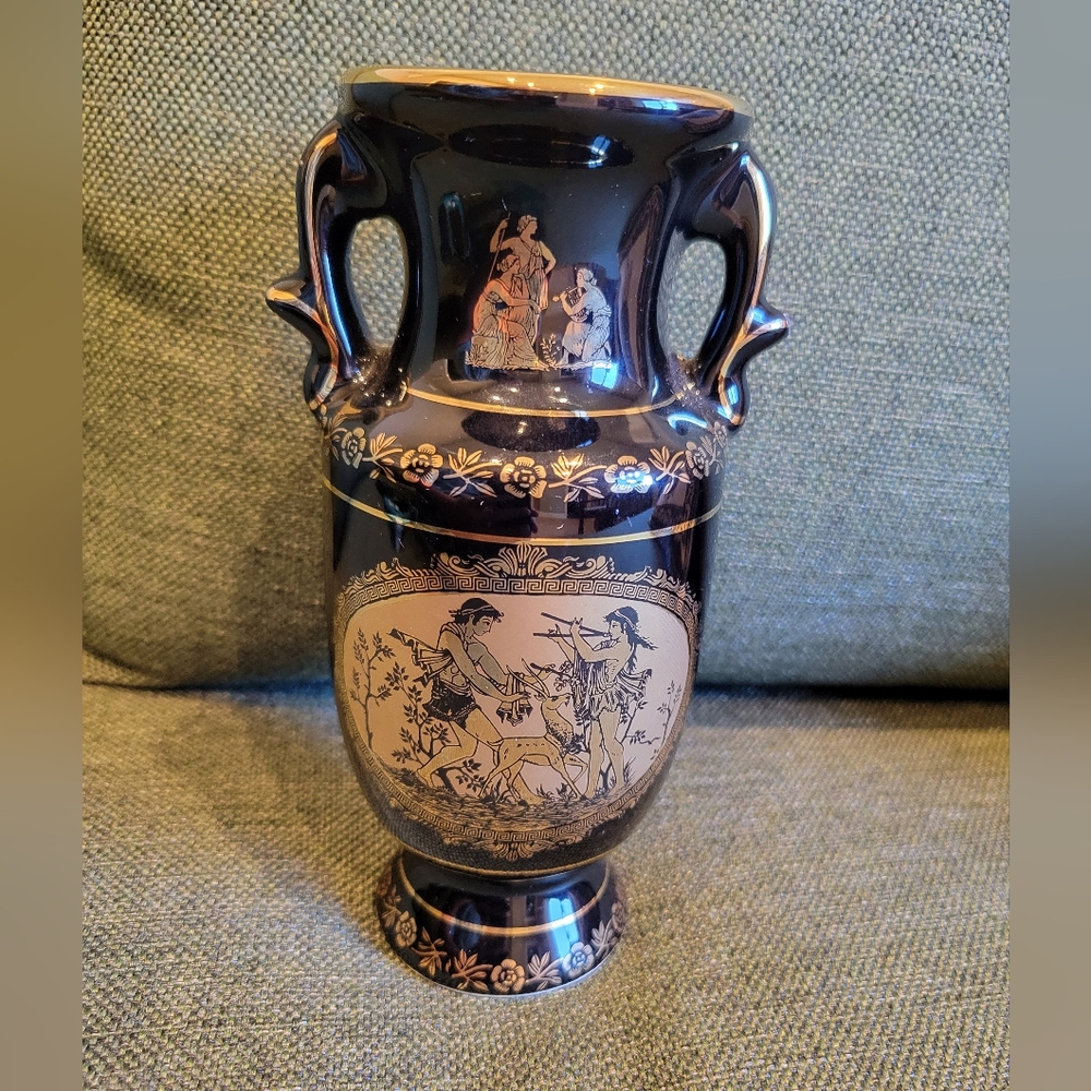 Vintage 7in Greek Elegant Black and Gold Vase W/ 24k Gold Handmade